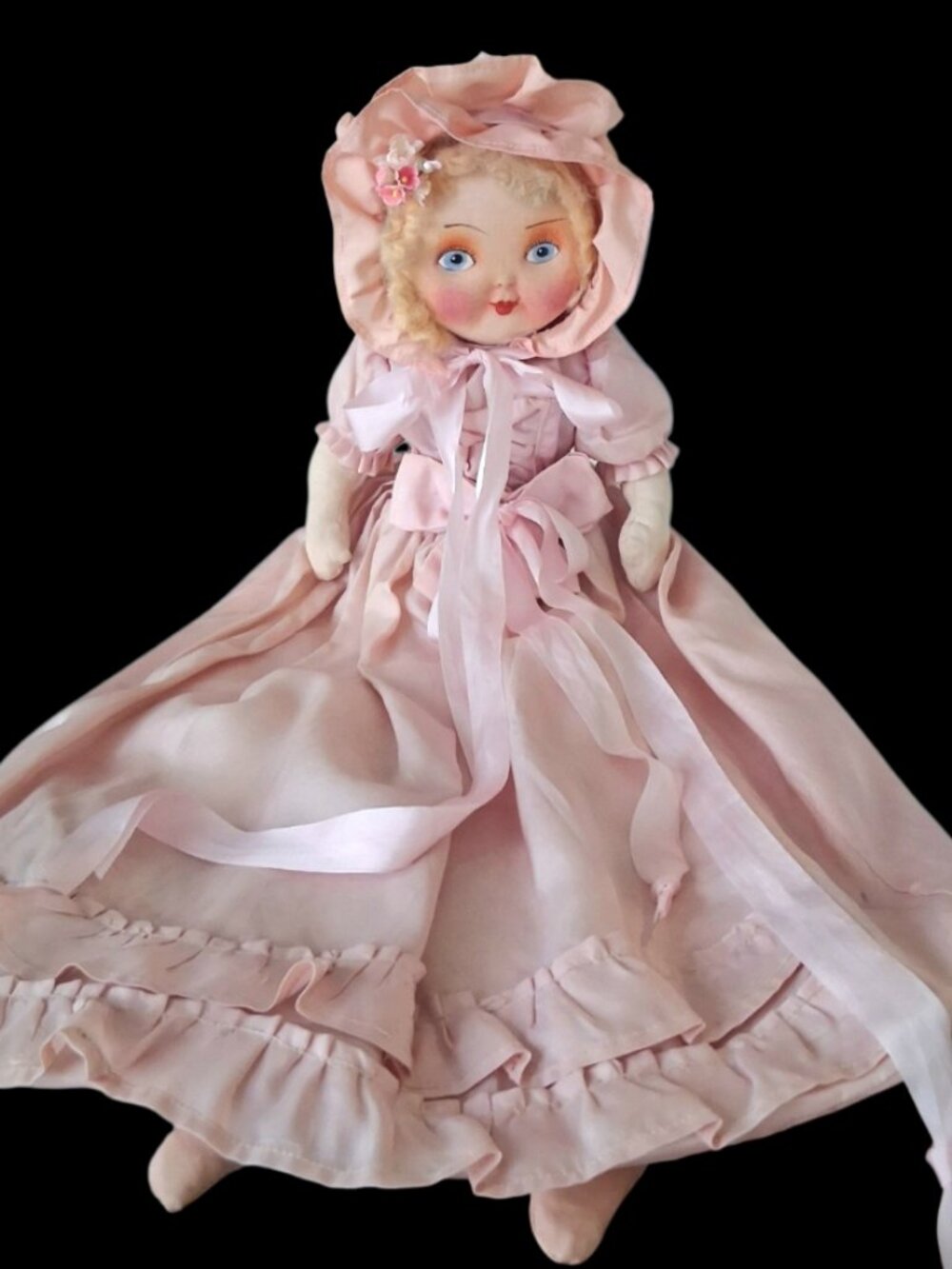 1930s RARE Vintage Cloth Mask Face Pajama Bag Doll Boudoir Mohair Hair Pink Gown